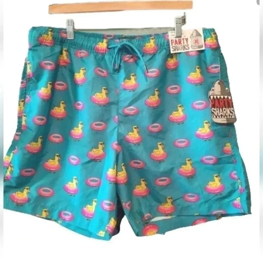 Party Sharks Swim Trunks XL Floating Duck Print NWT Quick Dry Mesh Lined